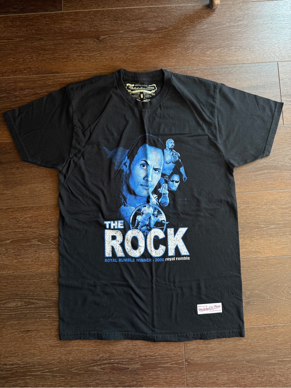 Mitchell & Ness Black The Rock Graphic Tee with Blue Artwork